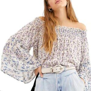 Free People Rose Valley White Combo Floral Off Shoulder Crop Blouse | Size XL